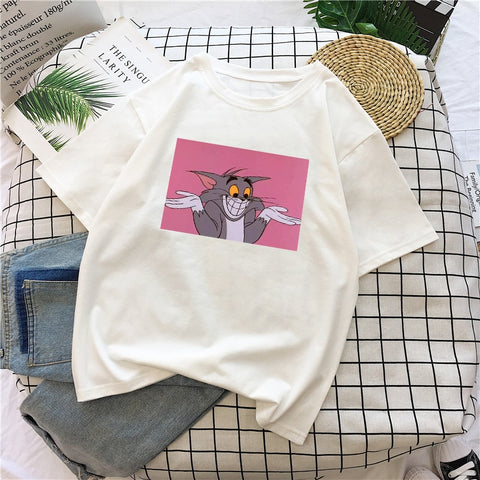 Jerry Mouse Cat Tom Print Cartoon Casual Summer Tops Fun Spoof Female Loose Letters Large Size tees Cute Ulzzang Vintage T-Shirt