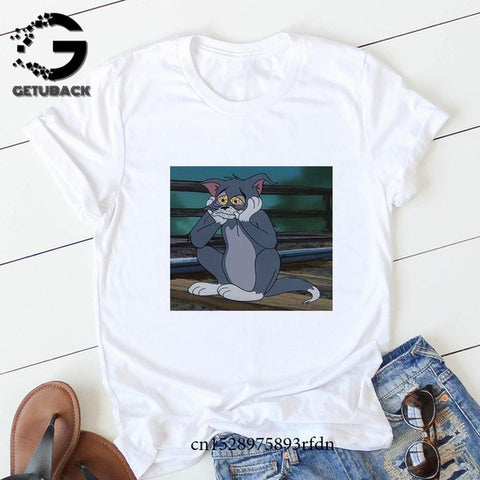 Jerry Mouse Cat Tom Print Cartoon Casual Summer Tops Fun Spoof Female Loose Letters Large Size tees Cute Ulzzang Vintage T-Shirt