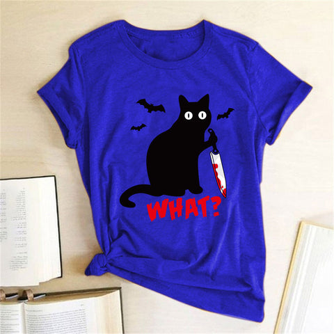 Black Cat What Tshirt Murderous Cat Knife Women Funny T Shirt Short Sleeve Halloween Tops Tees Femme Camisetas Verano Mujer 2019