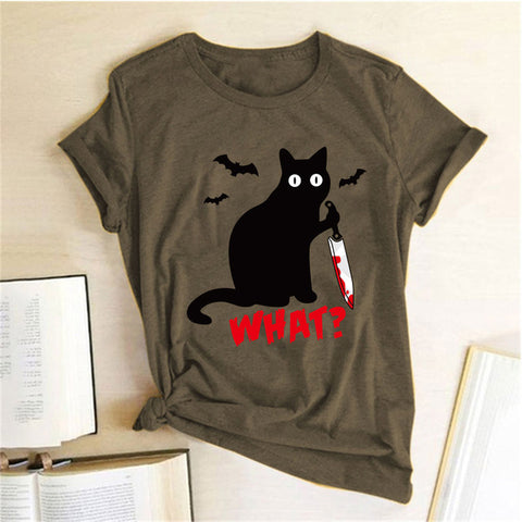 Black Cat What Tshirt Murderous Cat Knife Women Funny T Shirt Short Sleeve Halloween Tops Tees Femme Camisetas Verano Mujer 2019