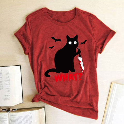 Black Cat What Tshirt Murderous Cat Knife Women Funny T Shirt Short Sleeve Halloween Tops Tees Femme Camisetas Verano Mujer 2019