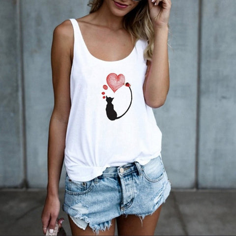 Fashion Sexy Summer Women's T-Shirts Cartoon Cat Print Casual Vest Top Sleeveless O Neck Shirts Female