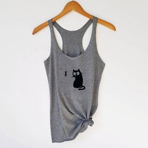 Fashion Sexy Summer Women's T-Shirts Cartoon Cat Print Casual Vest Top Sleeveless O Neck Shirts Female