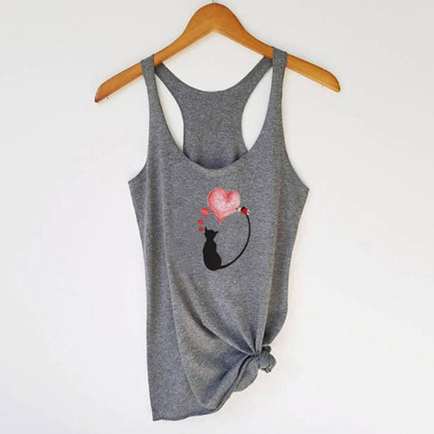 Fashion Sexy Summer Women's T-Shirts Cartoon Cat Print Casual Vest Top Sleeveless O Neck Shirts Female