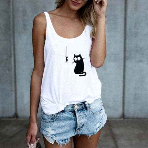 Fashion Sexy Summer Women's T-Shirts Cartoon Cat Print Casual Vest Top Sleeveless O Neck Shirts Female