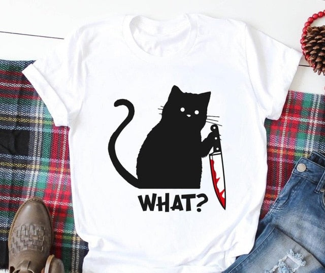 Women Tshirt Cotton Funny Black Cat T Shirt Gift for Lady Print Yong Girl Street Top Tee