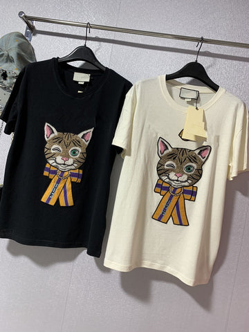 Have logo 2020 Fashion Summer T-shirt woman Casual Cotton tshirt Letter Sequins Embroidery Cat Print Tops Tees women's tshirts