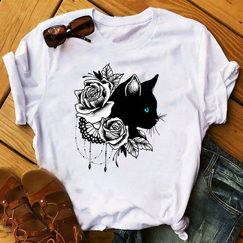 Women 2020 Ladies Graphic Female Womens Top T Shirt Cat Lover Cool Flower Animal Print Pet Lady Clothing T-shirts Tee T-Shirt