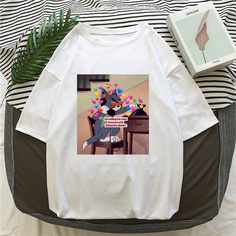 Summer Women Tops Cartoon Cat Loose Casual Short Sleeve Fun Cute Woman Cartoon Print Summer Tops T-shirts Harajuku Women T-Shirt