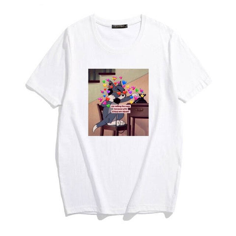 Summer Women Tops Cartoon Cat Loose Casual Short Sleeve Fun Cute Woman Cartoon Print Summer Tops T-shirts Harajuku Women T-Shirt