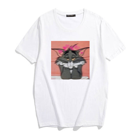 Summer Tops T-shirts Harajuku Women T-Shirt Cat and Mouse Loose Casual Short Sleeve Fun Cute Woman Cartoon Print Ulzzang Kawaii