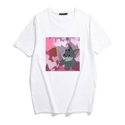 Summer Tops T-shirts Harajuku Women T-Shirt Cat and Mouse Loose Casual Short Sleeve Fun Cute Woman Cartoon Print Ulzzang Kawaii