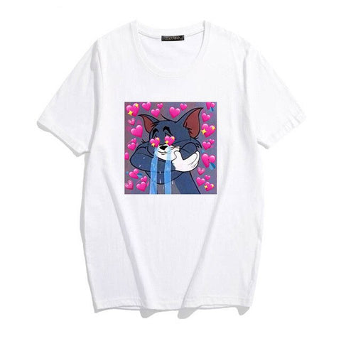 Summer Tops T-shirts Harajuku Women T-Shirt Cat and Mouse Loose Casual Short Sleeve Fun Cute Woman Cartoon Print Ulzzang Kawaii