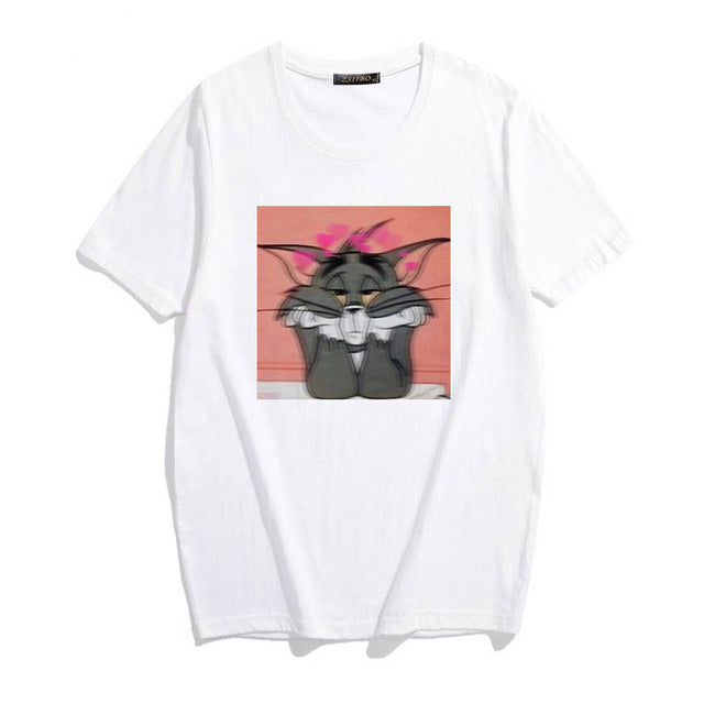 Summer Tops T-shirts Harajuku Women T-Shirt Cat and Mouse Loose Casual Short Sleeve Fun Cute Woman Cartoon Print Ulzzang Kawaii